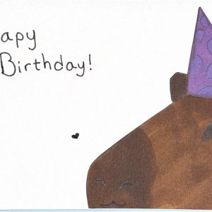 image of capybara with a party hat in bottom left corner. top left has text saying "Capy Birthday!"