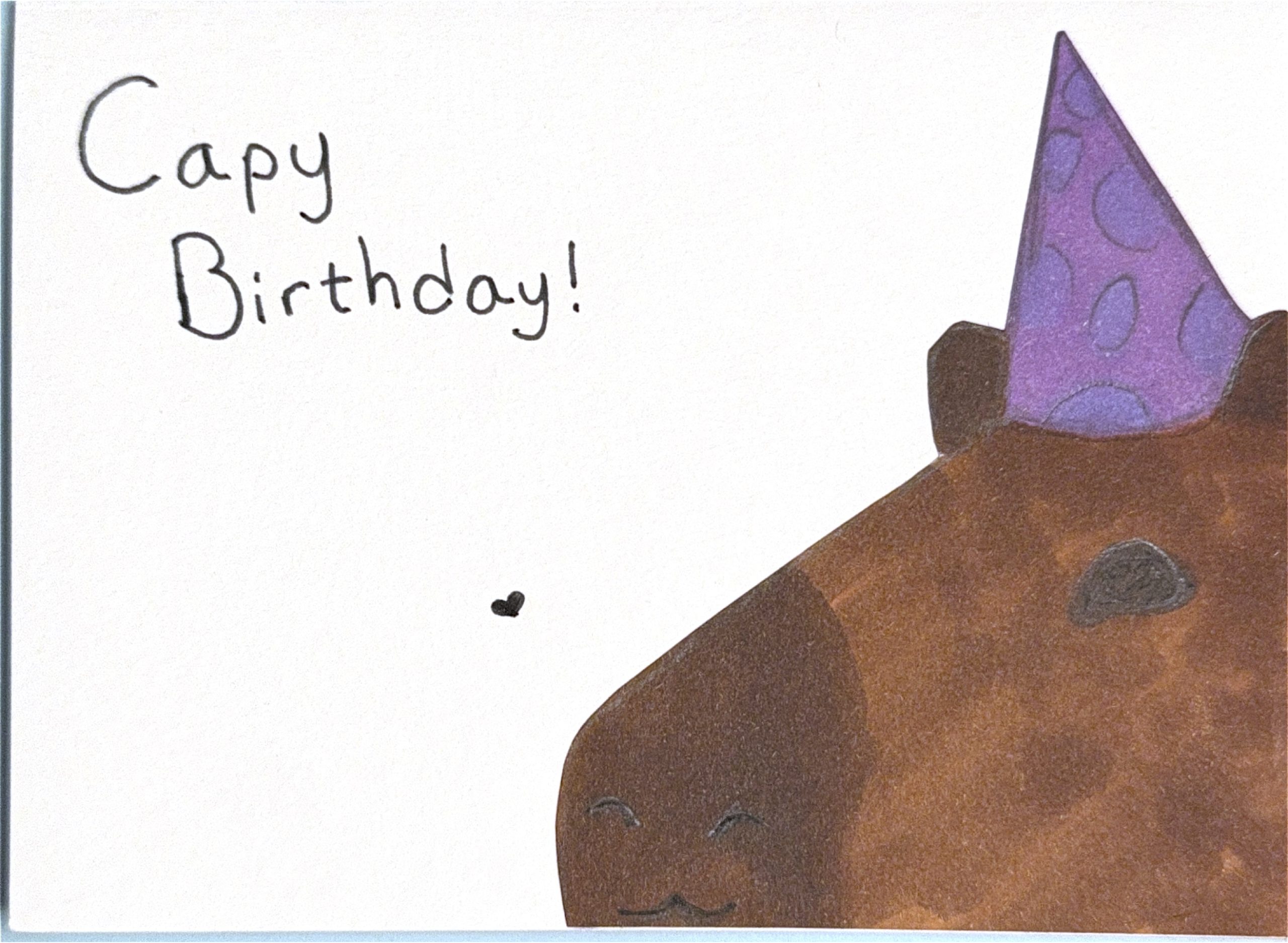 image of capybara with a party hat in bottom left corner. top left has text saying "Capy Birthday!"